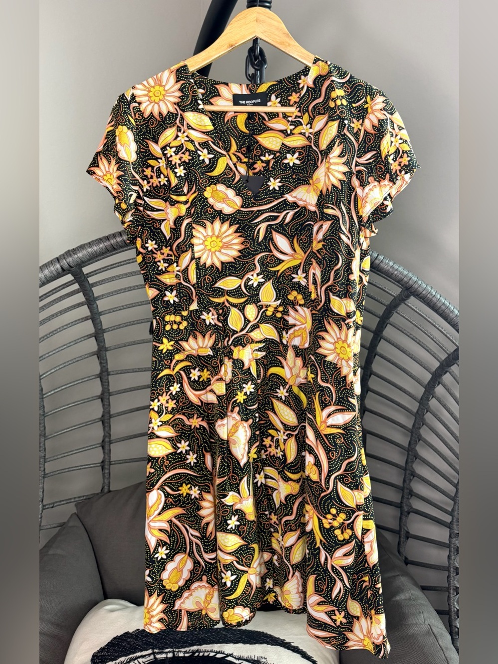 The Kooples Black Floral Midi Dress with Yellow & Pink Accents. 1